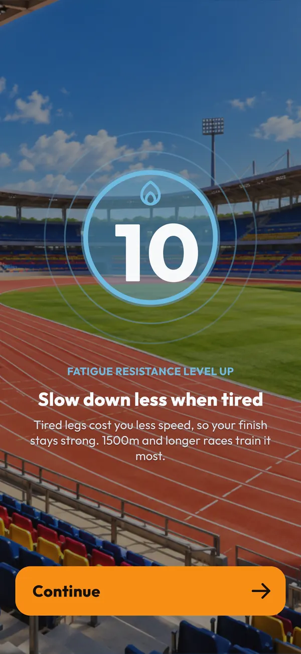 Level-up screen: Fatigue resistance reaches level 10
