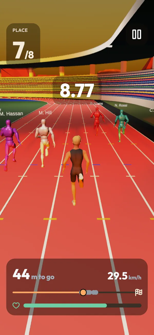 Mid-race in a big stadium: 7th of 8 at 8.77 seconds, chasing the pack down a red track