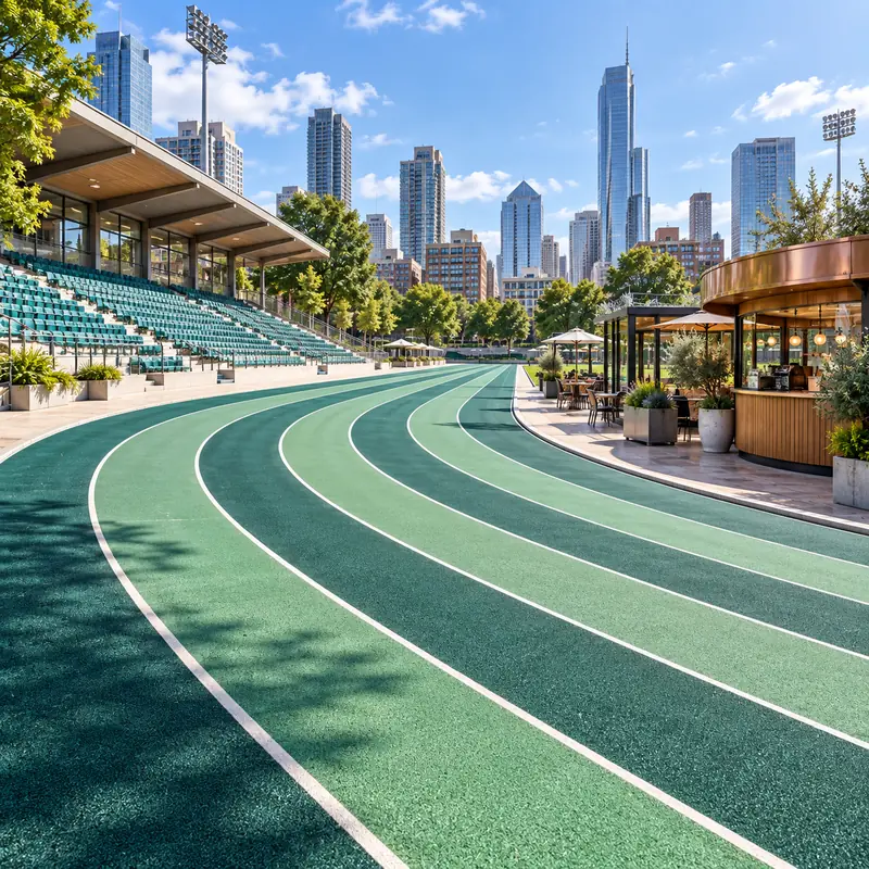 City Stadium: a green track below city towers