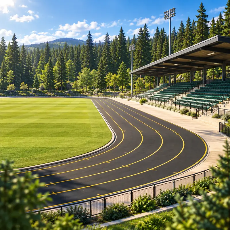 Forest Stadium: a dark track among pine trees with a covered stand