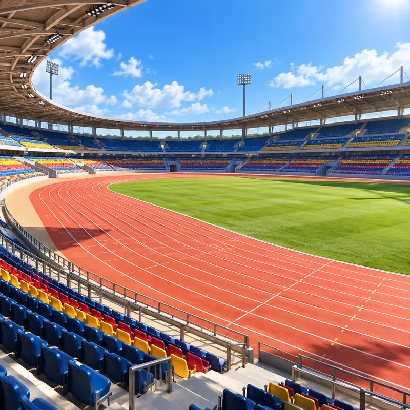 A full-size stadium with a red track and packed stands