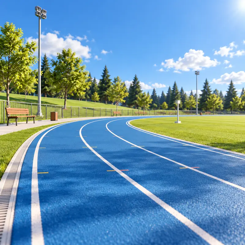 Meadow Stadium: a blue track through a sunny park